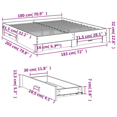 vidaXL Sengeramme med skuffer sonoma eik 180x200 cm konstruert tre