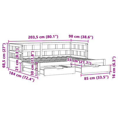 vidaXL Uttrekkbar dagseng med skuffer 90x200 cm heltre furu