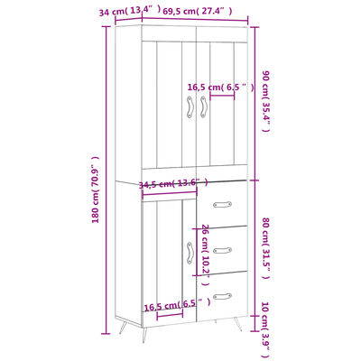 vidaXL Highboard brun eik 69,5x34x180 cm konstruert tre