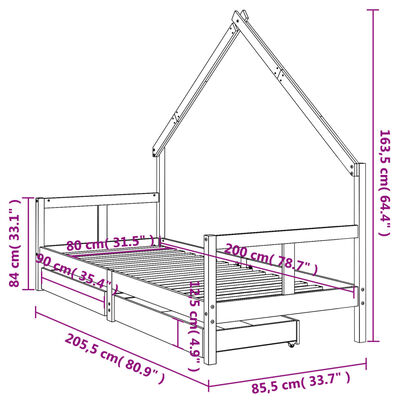 vidaXL Barnesengeramme med skuffer svart 80x200 cm heltre furu