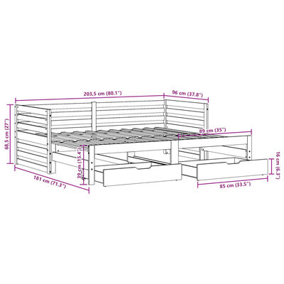 vidaXL Dagseng med skuffer hvit 90x200 cm heltre furu