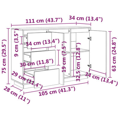 vidaXL Skjenk hvit 111x34x75 cm heltre furu