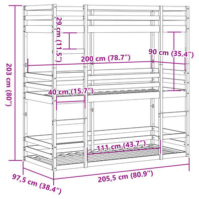 vidaXL Trippel køyeseng hvit 90x200 cm heltre furu