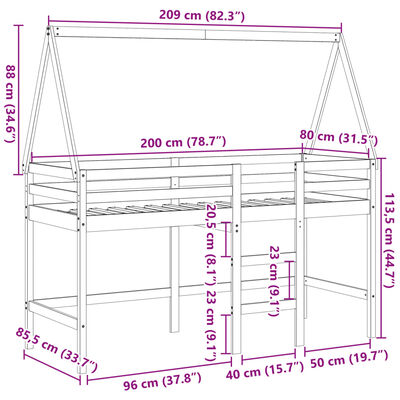 vidaXL Køyeseng med stige og tak hvit 80x200 cm heltre furu