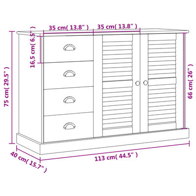 vidaXL Skjenk med skuffer VIGO 113x40x75 cm heltre furu