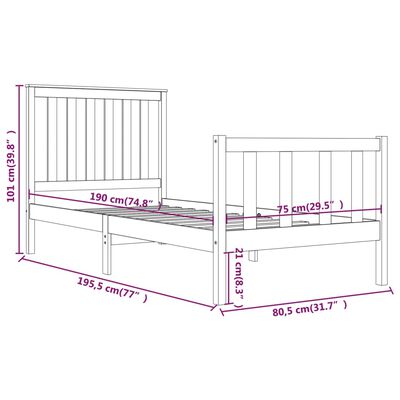 vidaXL Sengeramme hvit heltre furu 75x190 cm Small Single