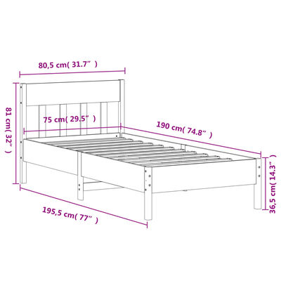 vidaXL Sengeramme uten madrass 75x190 cm heltre furu