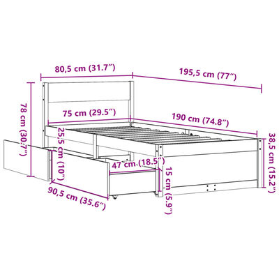 vidaXL Sengeramme uten madrass hvit 75x190 cm heltre furu