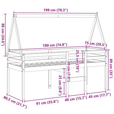 vidaXL Høyseng med tak voksbrun 75x190 cm heltre furu