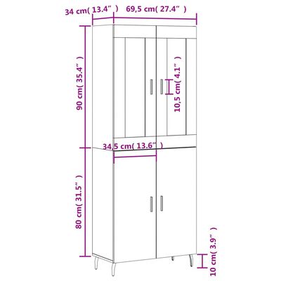 vidaXL Highboard hvit 69,5x34x180 cm konstruert tre