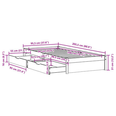 vidaXL Sengeramme uten madrass hvit 90x200 cm heltre furu