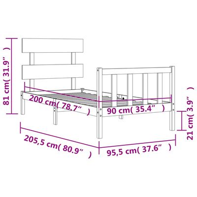 vidaXL Sengeramme med hodegavl hvit 90x200 cm heltre