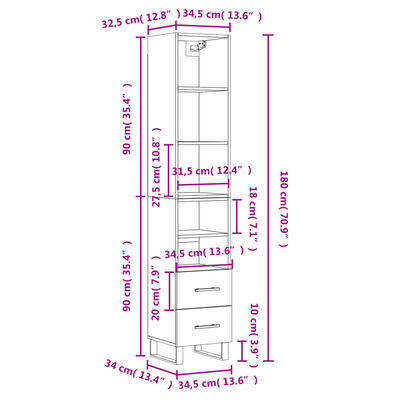 vidaXL Highboard sonoma eik 34,5x34x180 cm konstruert tre