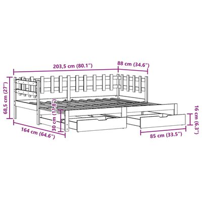 vidaXL Uttrekkbar dagseng med skuffer hvit 80x200 cm heltre furu