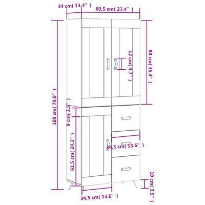 vidaXL Highboard hvit 69,5x34x180 cm konstruert tre