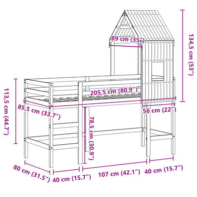 vidaXL Køyeseng med stige og tak 80x200 cm heltre furu