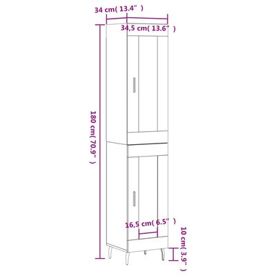 vidaXL Highboard brun eik 34,5x34x180 cm konstruert tre