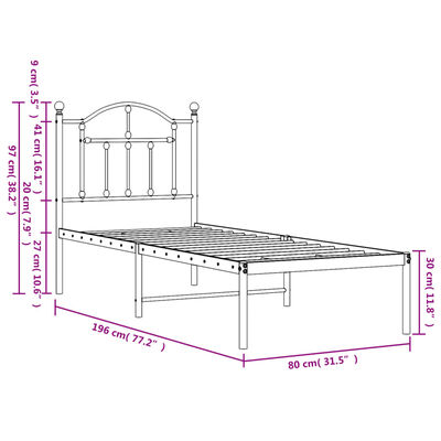 vidaXL Sengeramme i metall uten madrass med hodegavl hvit 75x190 cm