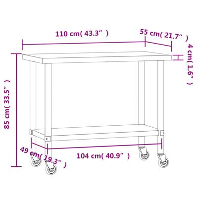 vidaXL Kjøkkenbenk med hjul 110x55x85 cm rustfritt stål