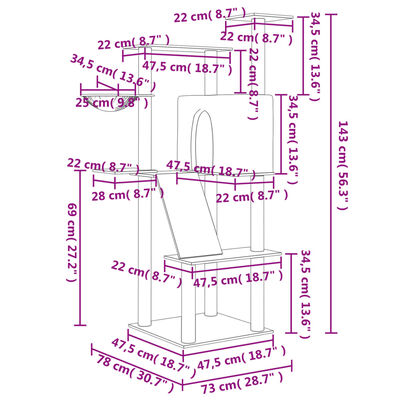 vidaXL Kattetre med klorestolper i sisal lysegrå 143 cm