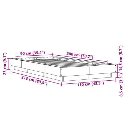 vidaXL Sengeramme med LED-lys grå sonoma 90x200 cm konstruert tre