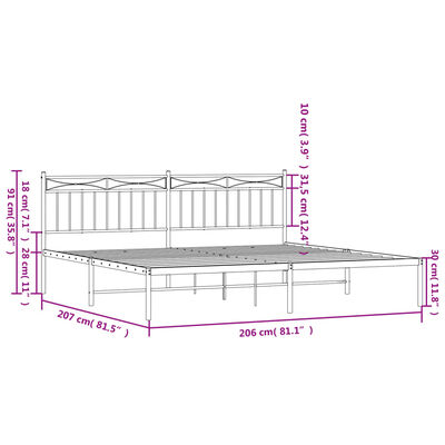 vidaXL Sengeramme i metall med sengegavl hvit 200x200 cm