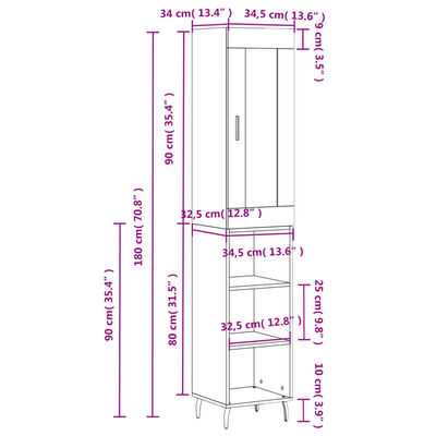 vidaXL Highboard hvit 34,5x34x180 cm konstruert tre