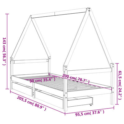 vidaXL Barnesengeramme med skuffer svart 90x200 cm heltre furu