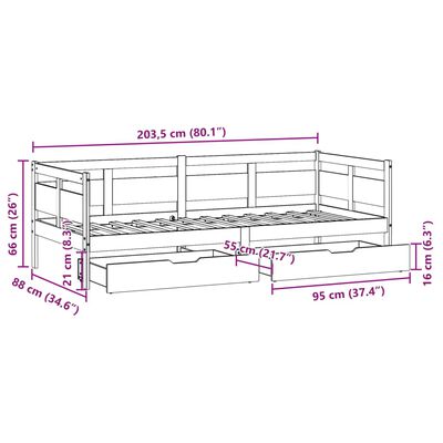 vidaXL Dagseng med skuffer hvit 80x200 cm heltre furu