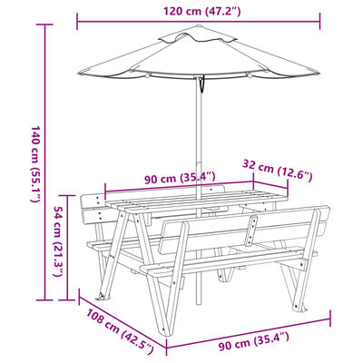 vidaXL Piknikbord for 4 barn med parasoll heltre gran