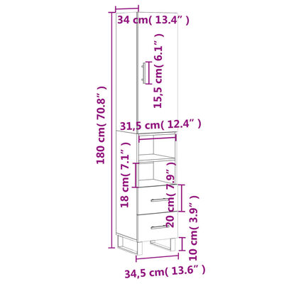 vidaXL Highboard hvit 34,5x34x180 cm konstruert tre