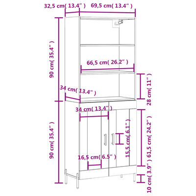 vidaXL Highboard betonggrå 69,5x34x180 cm konstruert tre