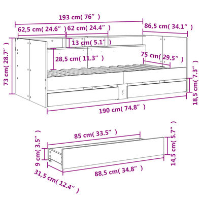 vidaXL Dagseng med skuffer uten Madrass svart 75x190 cm