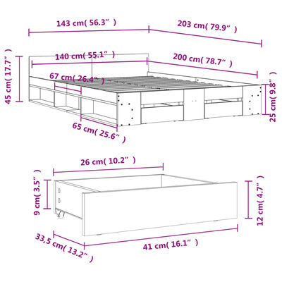 vidaXL Sengeramme med skuffer røkt eik 140x200 cm konstruert tre