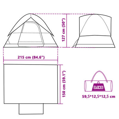 vidaXL Kuppeltelt for camping 2 personer hvit blendingsstoff vanntett