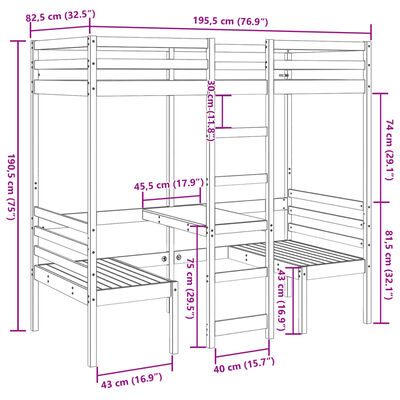 vidaXL Ramme for loftseng skrivebord og stoler 75x190 cm heltre furu