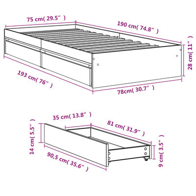 vidaXL Sengeramme med skuffer sonoma eik 75x190 cm konstruert tre