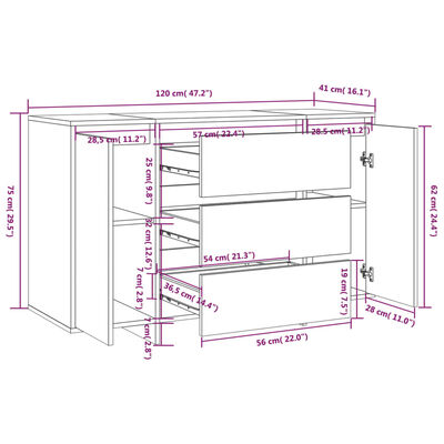 vidaXL Skjenk med 3 skuffer svart 120x41x75 cm konstruert tre