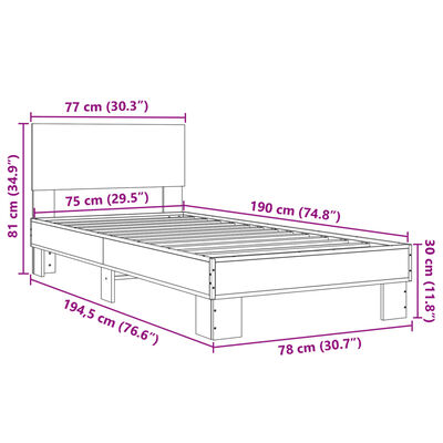 vidaXL Sengeramme sonoma eik 75x190 cm konstruert tre og metall