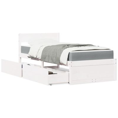 vidaXL Seng med skuffer og madrass hvit 90x200 cm heltre furu