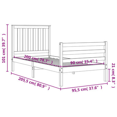 vidaXL Sengeramme med hodegavl hvit 90x200 cm heltre