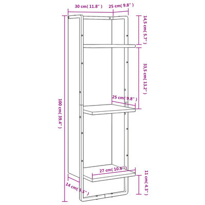 vidaXL Vegghylle 3 etasjer svart 30x25x100 cm konstruert tre