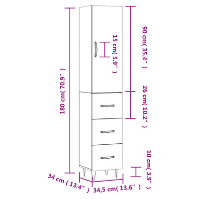 vidaXL Highboard hvit 34,5x34x180 cm konstruert tre