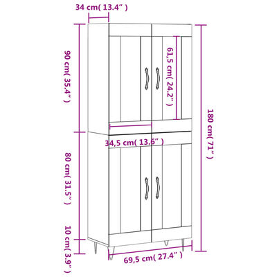 vidaXL Highboard høyglans hvit 69,5x34x180 cm konstruert tre