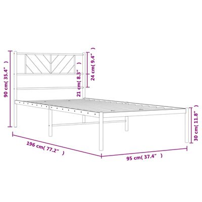 vidaXL Sengeramme i metall med hodegavl hvit 90x190 cm