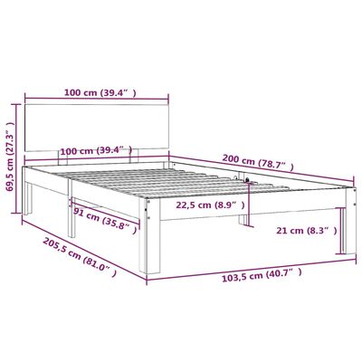 vidaXL Sengeramme grå heltre furu 100x200 cm