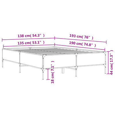 vidaXL Sengeramme røkt eik 135x190 cm konstruert tre og metall