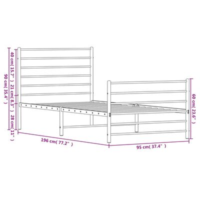 vidaXL Sengeramme i metall med hode- og fotgavl hvit 90x190 cm