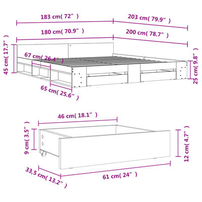 vidaXL Sengeramme med skuffer grå sonoma 180x200 cm konstruert tre