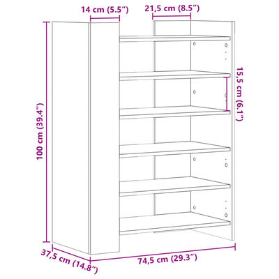 vidaXL Skohylle sonoma eik 74,5x37,5x100 cm konstruert tre